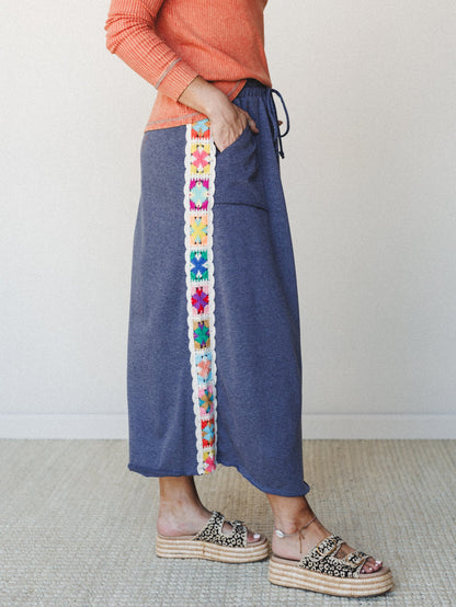 The Nest Love Seeker Crochet Panel Maxi Skirt - Heather Navy