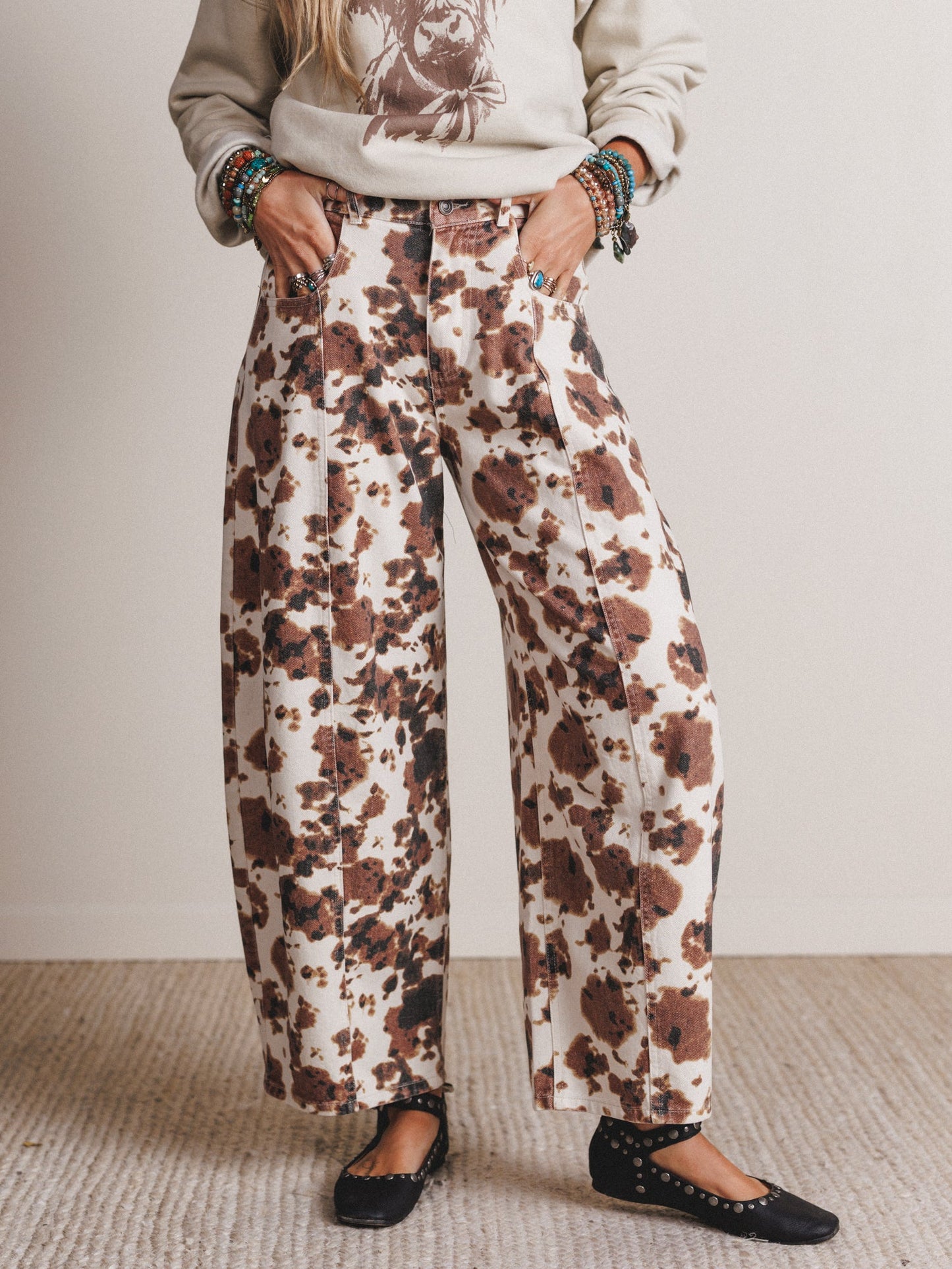 Belle Cow Print Barrel Jeans - Brown
