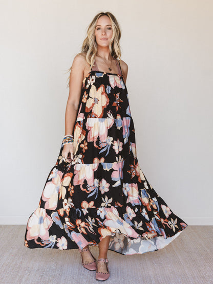 Mirra Floral Tiered Maxi Dress - Black