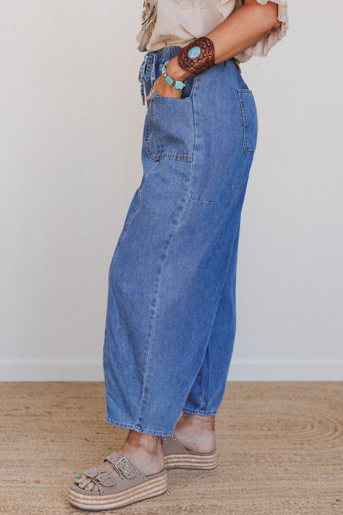 Sudden Spark Drawstring Barrel Jeans - Denim