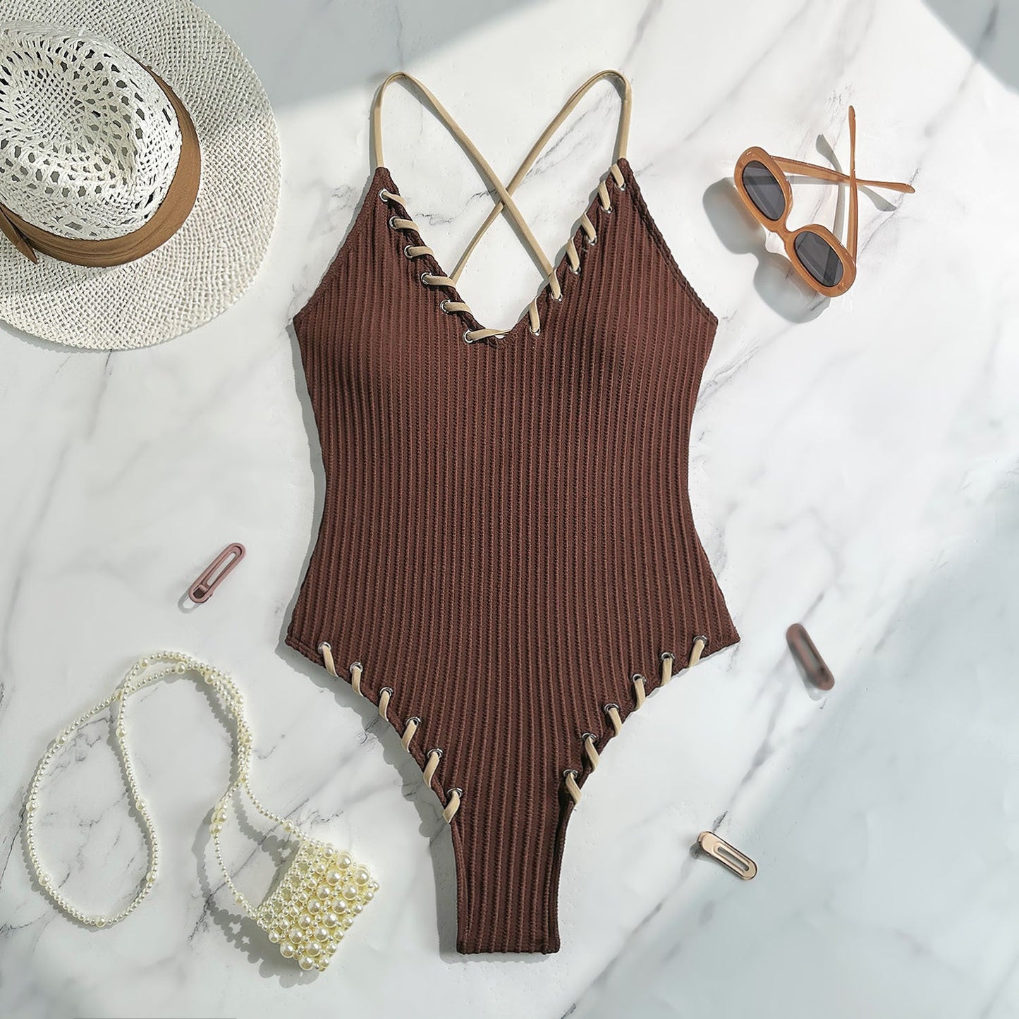 Colorblock Rope Strap One-Piece Swimsuit