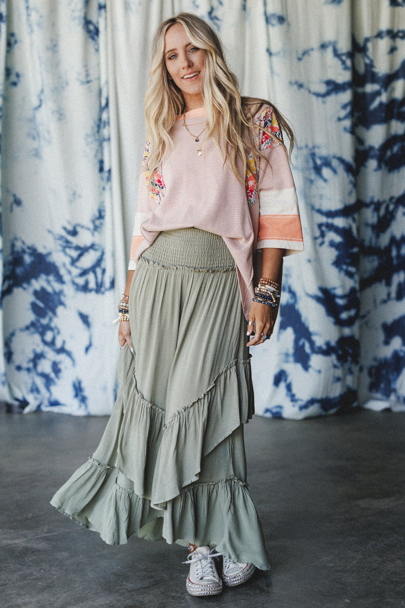 Washed Ashore Ruffled Maxi Skirt - Olive