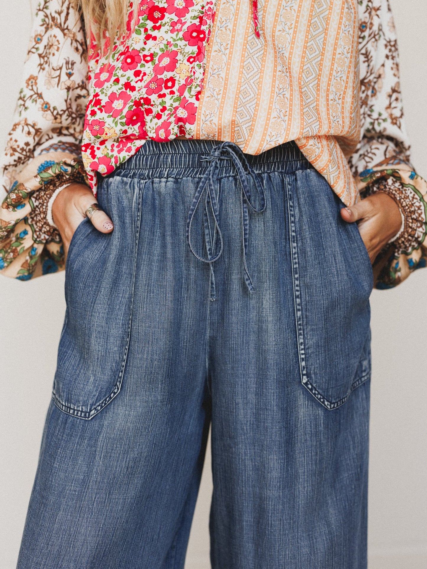 Casual Step Wide Leg Pants  - Dark Denim