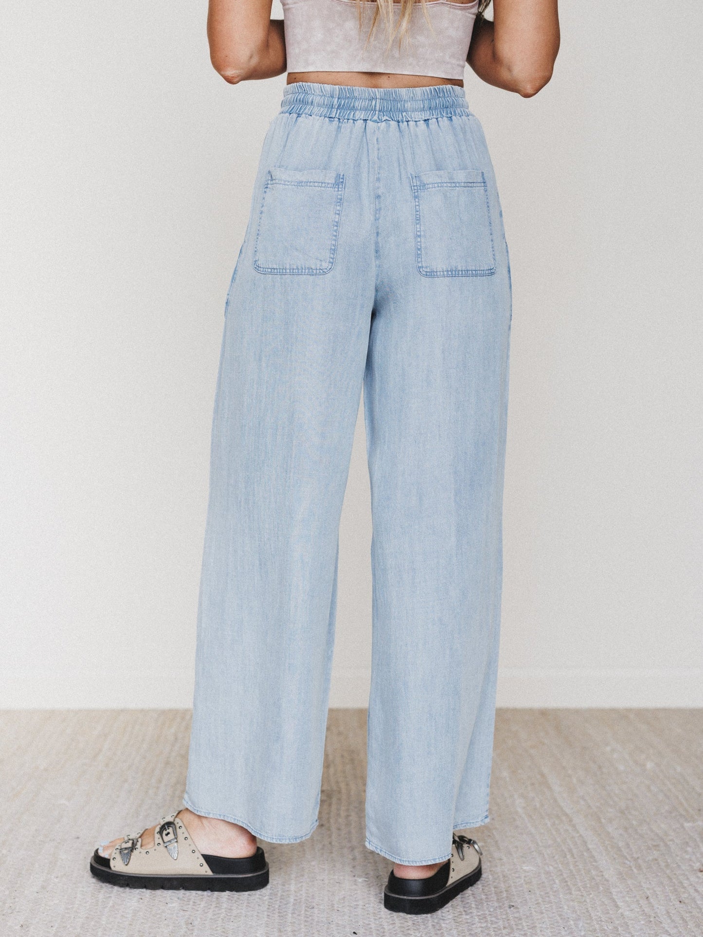Casual Step Wide Leg Pants  - Light Denim