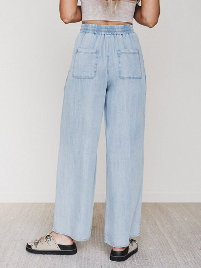 Casual Step Wide Leg Pants  - Light Denim
