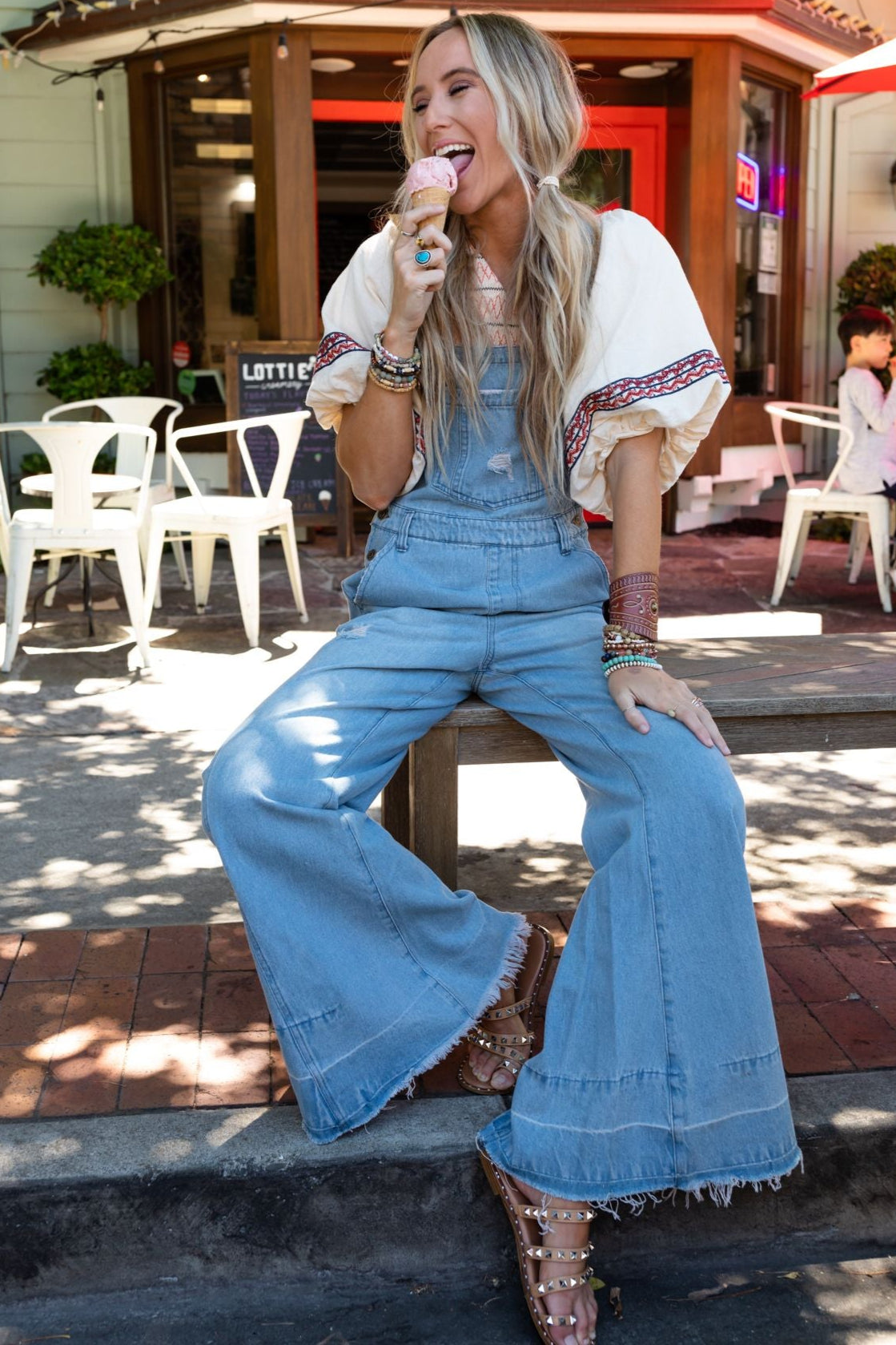 Milly Distressed Hem Wide Leg Overall - Denim