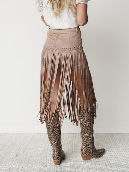 Here for a Good Time Fringe Shorts - Tan