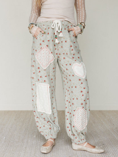 Nora Patchwork Floral Pants - Olive