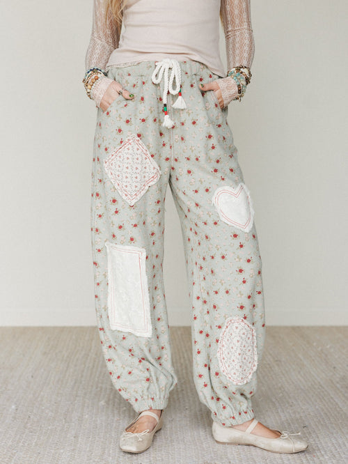 Nora Patchwork Floral Pants - Olive