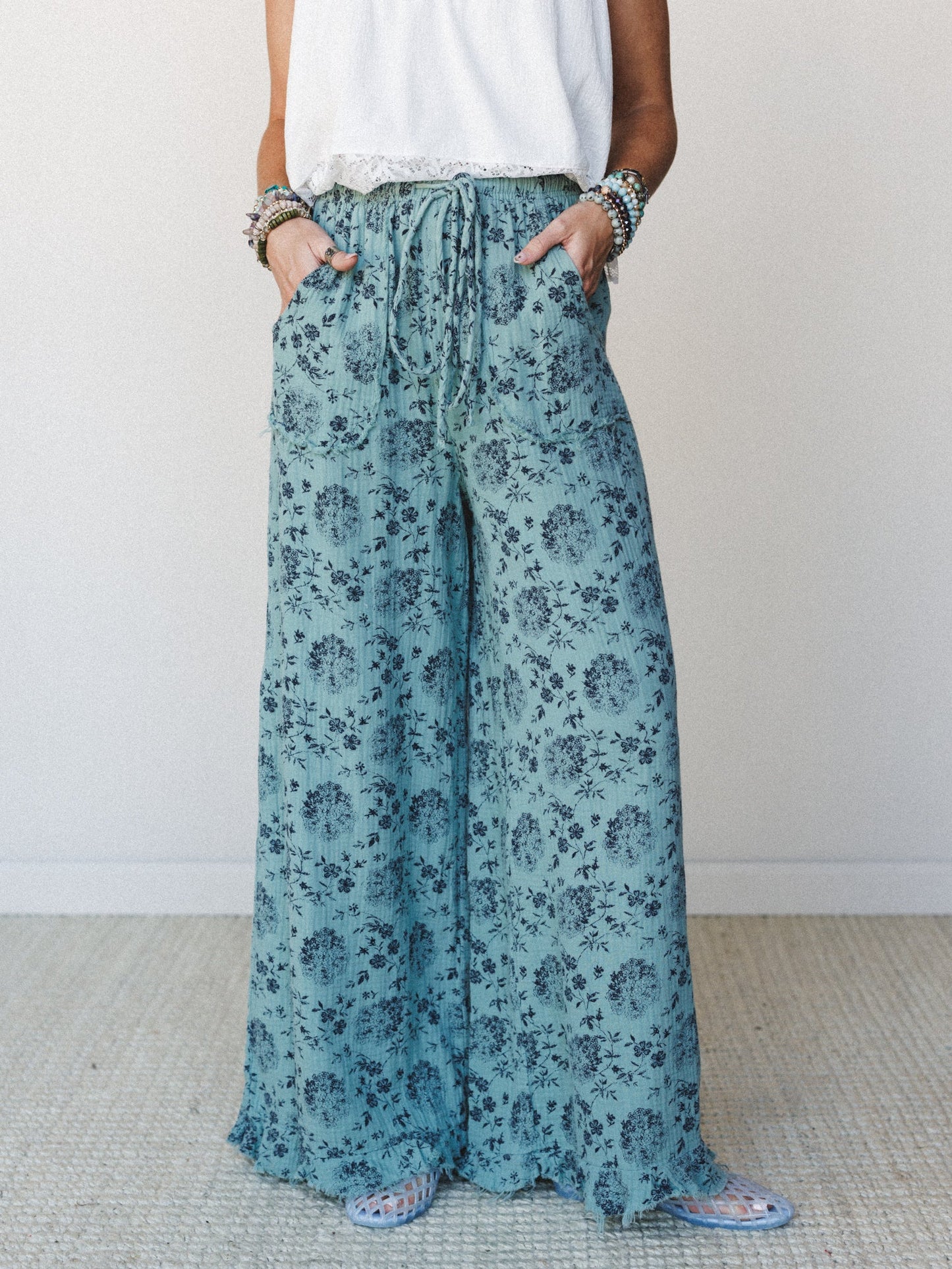 The Nest Sandra Wide Leg Ruffle Pant - Turquoise