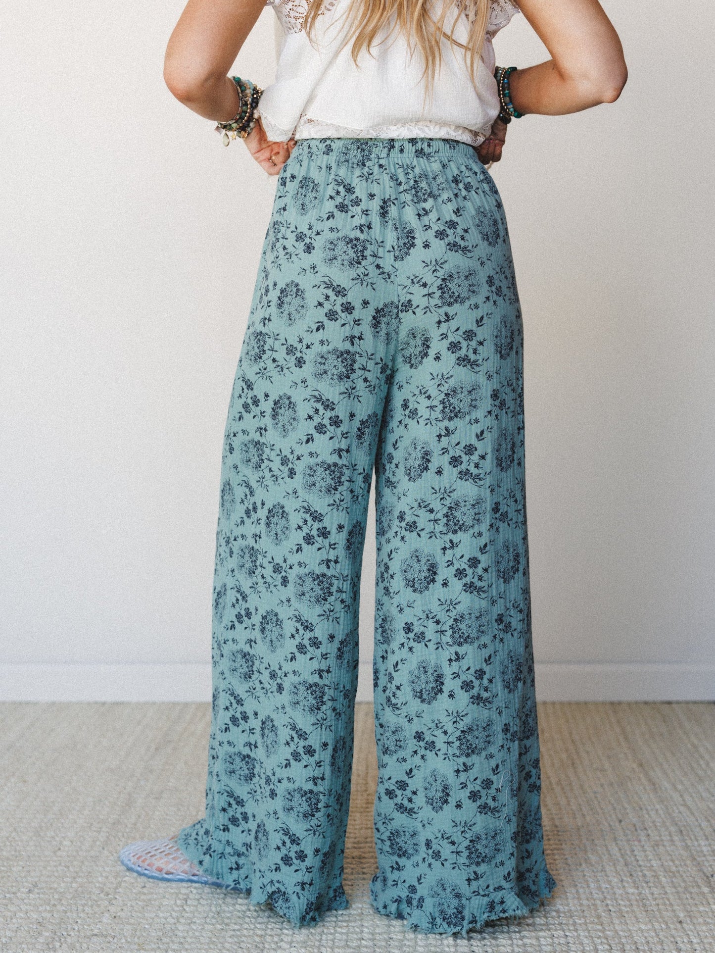 The Nest Sandra Wide Leg Ruffle Pant - Turquoise
