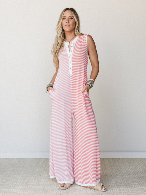 Daphne Striped Wide Leg Jumpsuit - Pink Orange Combo