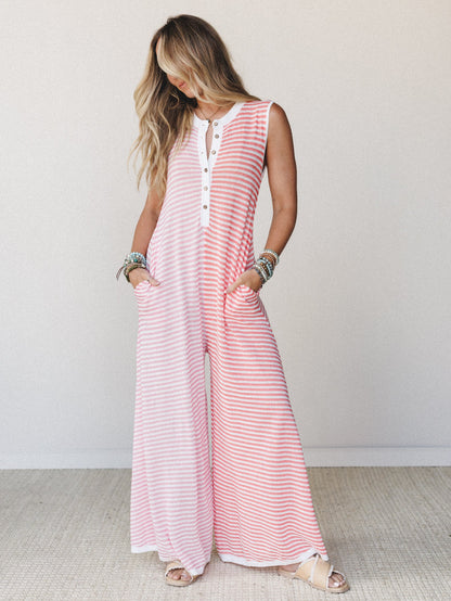 Daphne Striped Wide Leg Jumpsuit - Pink Orange Combo