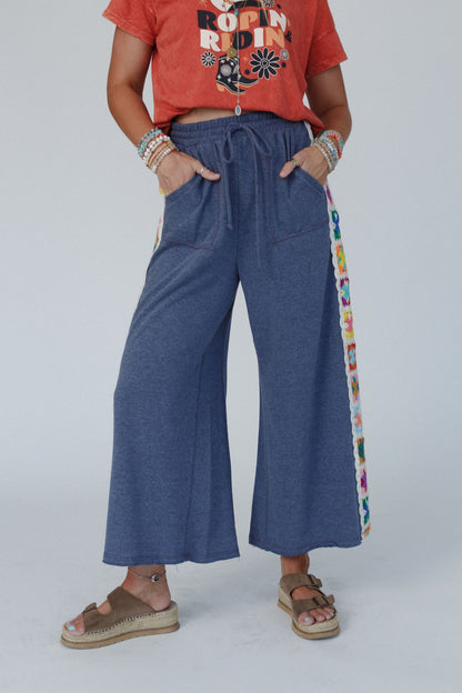 The Nest Love Seeker Crochet Panel Pants - Heather Navy