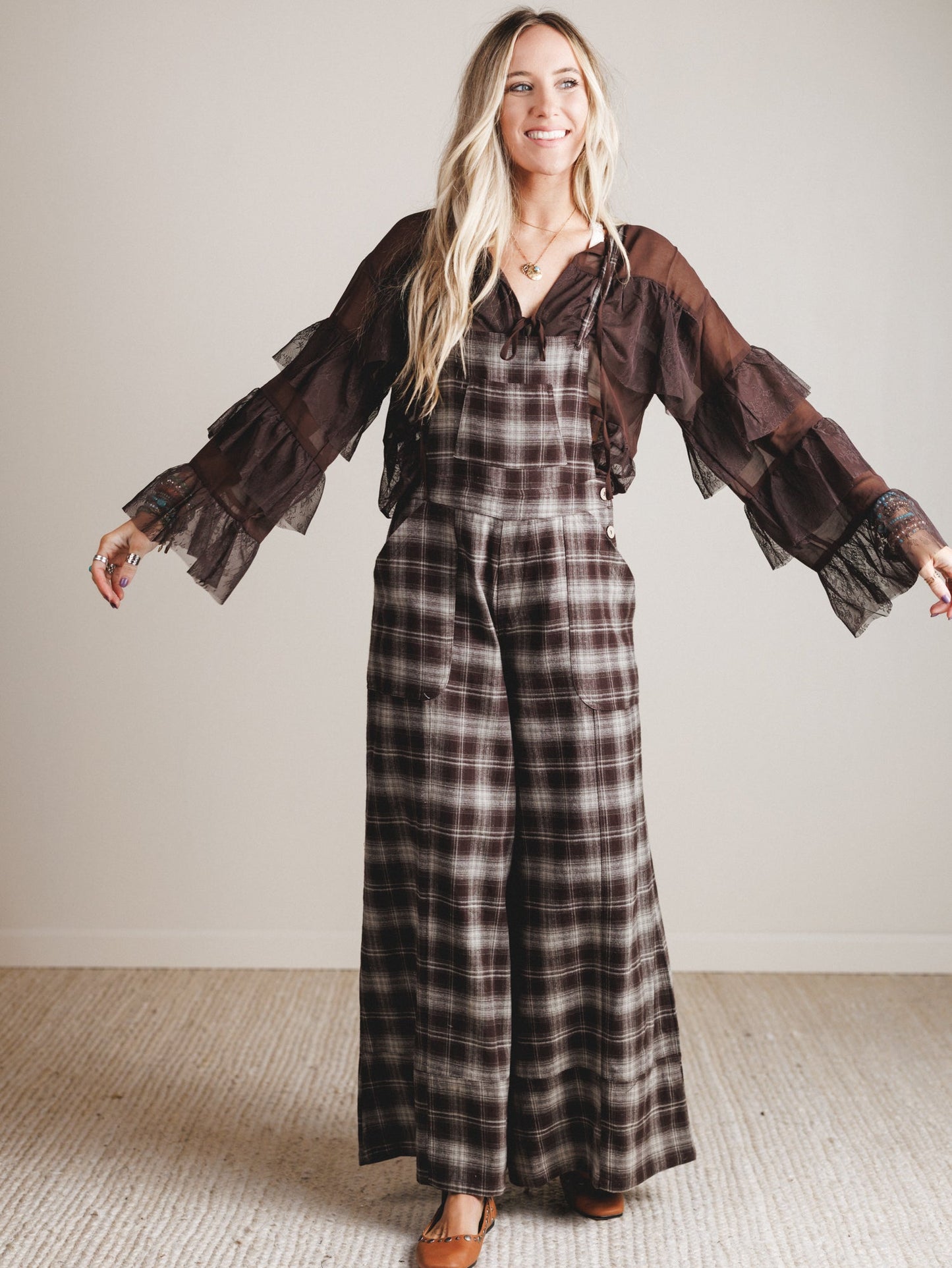 Favorite Flannel Wide Leg Overalls - Chocolate