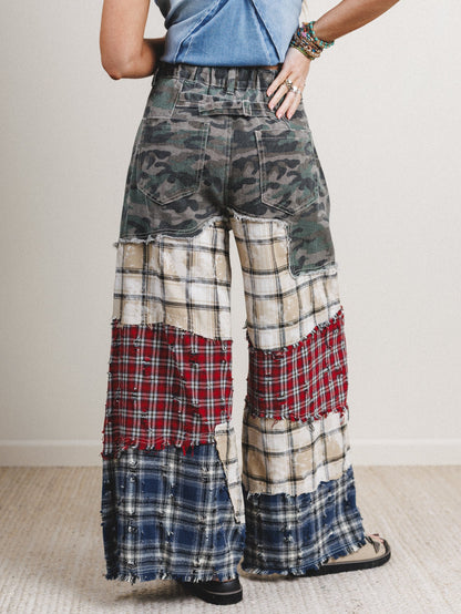 Camo Meets Plaid Wide Leg Pants - Camo Multi