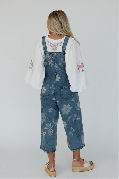 High Hopes Slouchy Pocket Denim Overalls - Blue Artsy Floral