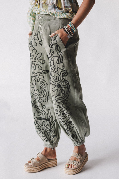 Sweet On You Embroidered Pants - Green