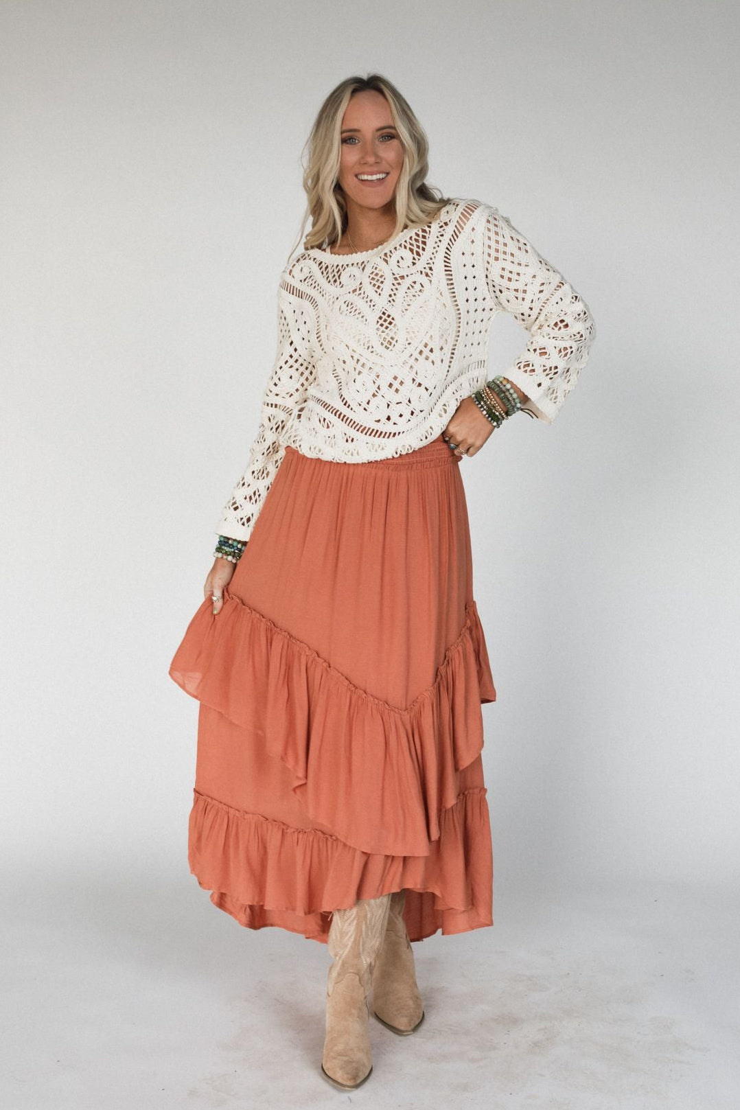 Washed Ashore Ruffled Maxi Skirt - Brick