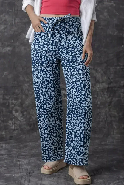 Blue Leopard Print Drawstring Waist Pocketed Wide Leg Jeans