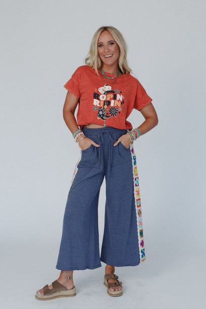 The Nest Love Seeker Crochet Panel Pants - Heather Navy
