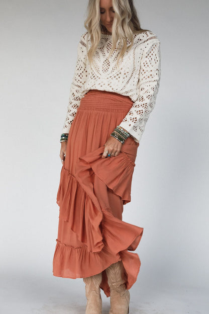 Washed Ashore Ruffled Maxi Skirt - Brick